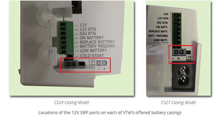 Locations of the 12V XBP ports on each of VTel’s offered battery casings